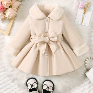 유아 아기 여아 겨울 가을 세련된 트위드 드레스 코트, 유아 어린이 모피 칼라 튜닉 트렌치 코트 싱글 브레스트 윈드 브레이커 자켓