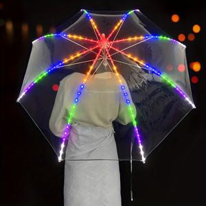컬러풀 루미너스 LED 라이트 우산, 창의적인 긴 손잡이 투명 직선 핸들 손전등 우산 학생 여자 로맨틱 선물