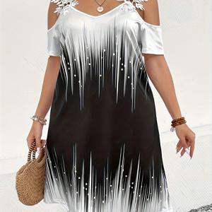 플러스 사이즈 캐주얼 드레스, 여성용 플러스 옴브레 프린트 대비 레이스 V 넥 콜드 숄더 드레스
