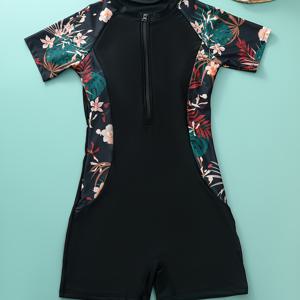 여성 수영복 및 의류, 열대 프린트 원피스 수영복, 라운드 넥 반팔 하프 지퍼 서핑 워터 스포츠 수영복