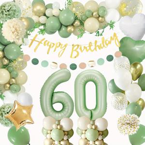 70pcs, 60번 생일 파티 장식 여성 남성을 위한, 녹색 금색 백색 및 숫자 60 풍선, 생일 축하배너, 케이크 토퍼, 60번 생일 파티 장식용 종이 꽃, 홈 데코