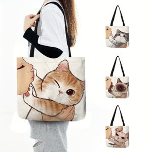 귀여운 만화 고양이 프린트 토트백, 큰 용량의 어깨 가방, 직장 학교 쇼핑용 여성 캐주얼 핸드백