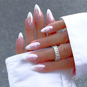 여성과 소녀들을 위한 중간 사이즈 아몬드 오로라 가짜 손톱 간단한 스타일 아크릴 거짓 손톱 접착제로 고정되는 24개 세트의 화이트 프렌치 팁 프레스 온 네일