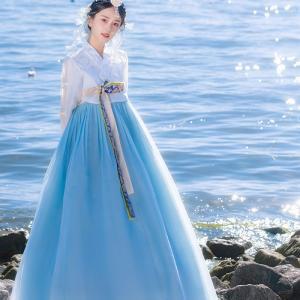 한복 여성 여름 블루 거즈 전통 드레스 코트 웨딩 기모노 아시아 태평양 섬 의류