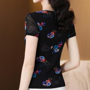 여성 브이넥 반팔 티셔츠 얇은 신축성 오피스 숏  꽃무늬 프린트 메쉬 5924 블랙 여름