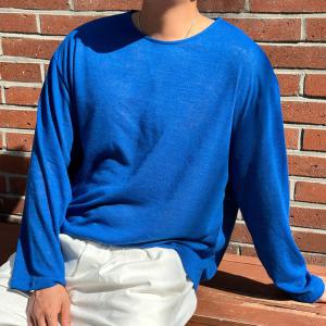 [옷자락]남자 로우엣지 파란색 라운드 얇은 린넨긴팔티 롱슬리브 티셔츠