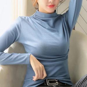 터틀넥 울 코튼 셔링 티셔츠 패션 솔리드 컬러 여성 두꺼운 티 긴팔 따뜻한 겨울 목