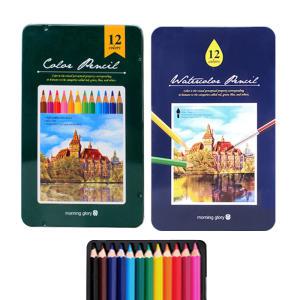 모닝글로리 유성색연필 수채색연필 12색 수채 틴케이스 미술 그림그리기 색연필