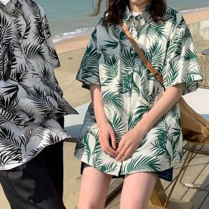 [신세계몰]여름 바캉스룩 비치웨어 커플 반팔티 해변 야자수 남자 여자 반팔 남방 티셔츠 커플룩
