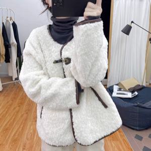 여성코트 겨울 배색 스웨이드 코트 하이넥 루즈핏 복고풍 모직 심쿵빛