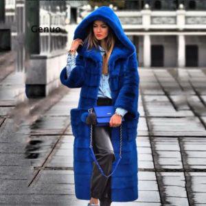 롱 후드 겨울 밍크 코트 120cm 긴 에코-친화적 인 모피 코트와 큰 패션 럭셔리 로얄 블루 소매 여성