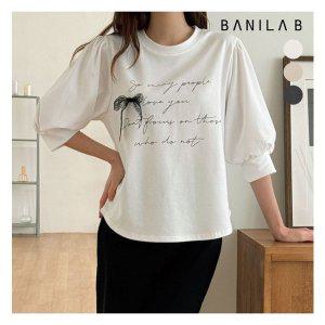 [바닐라B][바닐라비] 여성 레이스 리본 레터링 티셔츠