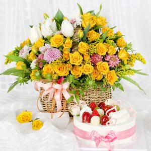 당일 꽃배달 노란 장미 꽃바구니 + 케익 생일 꽃 A1858