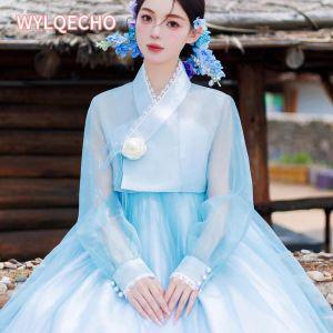 한복원단 한복 한국 전통 의류 드레스 여성용 블루 현대화 할로윈 코스튬 코스프레 웨딩 신제품