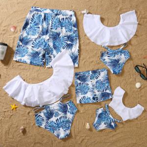 가족 매칭 의상 여름 산뜻한 야자수 잎 수영복 와 딸 수영