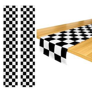 2피스 체커보드 레이싱 테마 깃발 블랙 앤 화이트 폴리에스터 식탁보, 버팔로 체크 테이블 러너 농가 피크