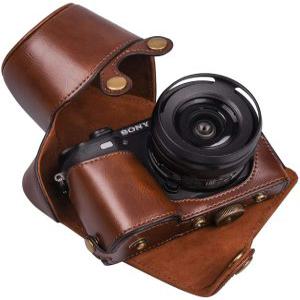 프리미엄 PU 전신 가죽 카메라 케이스 가방, 소니 알파 a6300 a6000 a6100 a6400 에 적합, 16-50mm 렌즈,