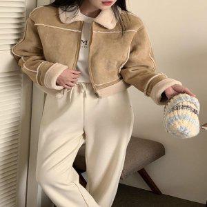 [신세계라이브쇼핑][옷자락] 여자 겨울 라인 라이더 카라 집업 크롭 무스탕 자켓