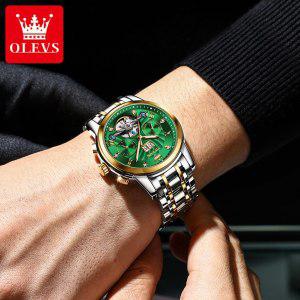OLEVS 남성용 자동 식 뚜르비옹 시계 럭셔리 스테인리스 스틸 스트랩 방수 야광 날짜 손목 시계