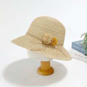 여자 피서룩 털방울 리본끈 라피아 바캉스룩 모자