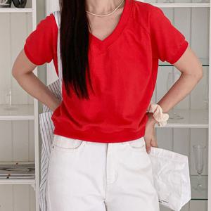 1300K 옷자락 여자 나그랑 브이넥크롭 빨간색 맨투맨반팔 티셔츠