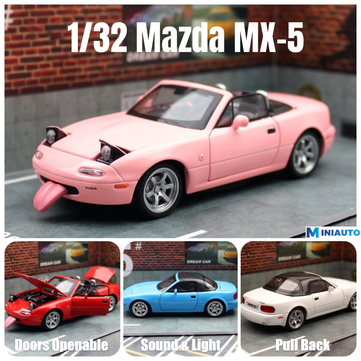 마쓰다 MX-5 미니어처 다이캐스트 MX5 로드스터 장난감 자동차 모델, 사운드 및 라이트 도어, 오픈 가능 컬렉션, 어린이 소년, 어린이 선물, 1/32