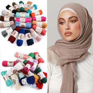 2022 무슬림 여성 주름 히잡 스카프, 부드러운 단색 머리 스카프, 일반 코튼 터번 숄 및 랩, 히잡 팜므 Musulman