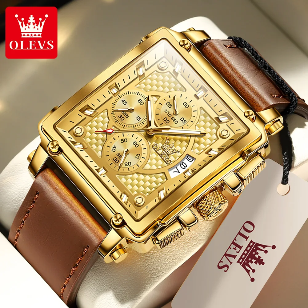 OLEVS-럭셔리 스퀘어 쿼츠 손목 시계 남성용, 오리지널 방수 빛나는 크로노그래프 시계 브랜드