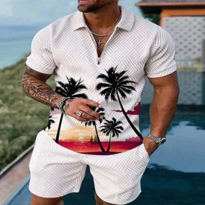 하와이 3D 프린트 폴로 셔츠 반바지 세트, 남성 패션, 오버사이즈 반팔 셔츠 바지 세트, 남성 운동복 의류
