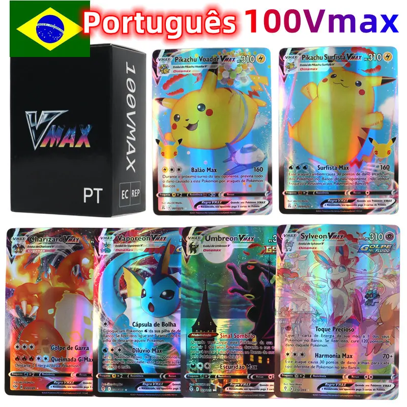 레인보우 아르세우스 샤이니 리자몽 트레이드 카드, 포르투갈어 포켓몬 카드, 홀로그램 Vstar Vmax GX 레터, 어린이 장난감, 100 개