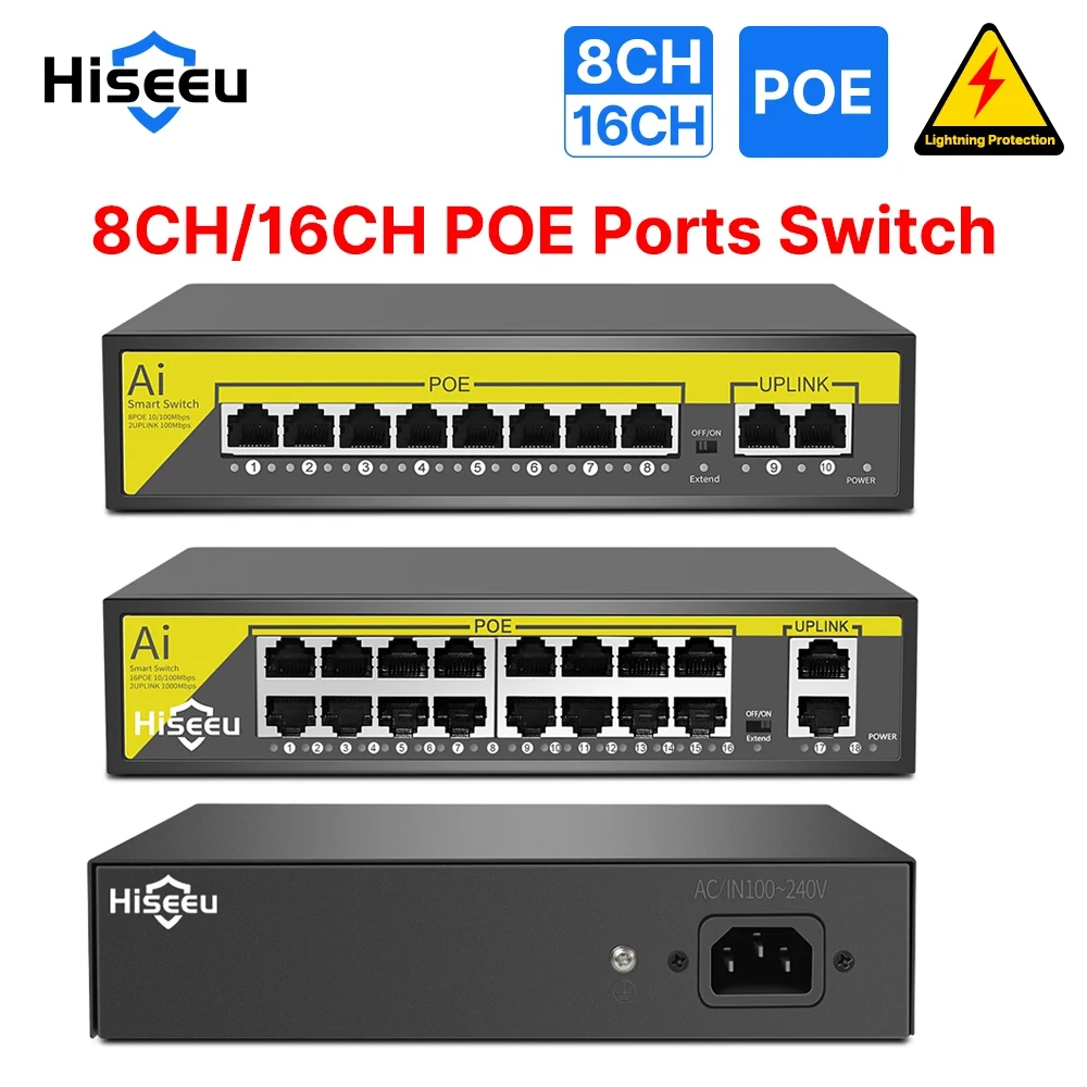 Hiseeu 8/16 포트 POE 스위치, IP 카메라, CCTV 보안 카메라 시스템, 무선 AP ft IEEE 802.3 af/at, 48V 이더넷, 10 Mbps, 100Mbps