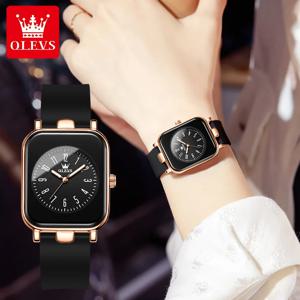 OLEVS 9961 오리지널 석영 시계 여성용, 실리콘 스트랩 시계, 블랙 스퀘어 디지털 다이얼, 방수 여성용 손목시계 선물