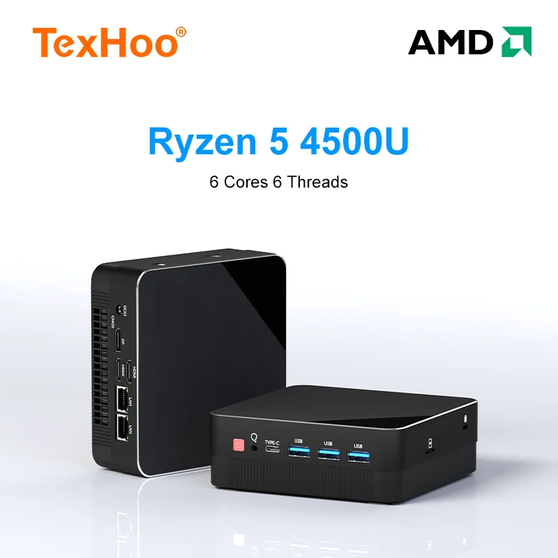TexHoo AMD R5 4500U 미니 PC, 6 코어, 12 스레드, 16 GB, 32GB, DDR4, 512GB, 1TB SSD, WIFi6 미니 컴퓨터 PC, 미니 데스크탑, Win 11 Pro