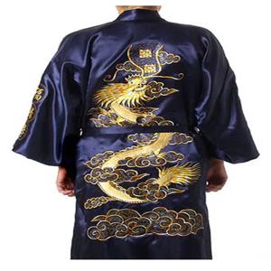 네이비 블루 중국 전통 남성 새틴 실크 가운 자수 드래곤 기모노 목욕 가운, 잠옷 S M L XL XXL XXXL MR024