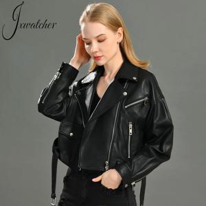 Jxwatcher 여성용 진짜 가죽 재킷, 멋진 스타일, 짧은 오토바이 재킷, 벨트 포함, 정품 양가죽 클래식 재킷, 가을