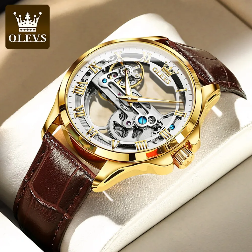 OLEVS 남성용 자동 기계식 손목시계, 스켈레톤 디자인, 방수 가죽 스트랩, 럭셔리 남성 시계