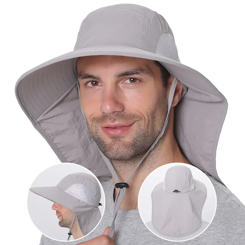 남녀공용 목 플랩 달린 넓은 챙 태양 모자, 조절 가능한 야외 50 + UPF 보호 사파리 모자, 하이킹 낚시 모자