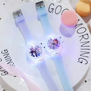 여아용 디즈니 겨울왕국 공주 시계, 아이샤 어린이 야광 엘사 시계, 어린이 학교 학생 실리콘 다채로운 조명 시계