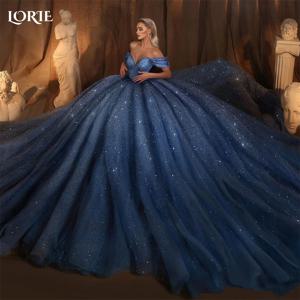LORIE 로얄 블루 글리터 웨딩 드레스, 오프숄더 퍼피, 반짝이는 백리스 신부 볼 가운, 스팽글 공주 신부 원피스 2024