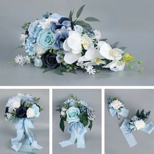 Boutonniere 웨딩 시뮬레이션 꽃, 아이스 블루 장미 신부 들러리 부케, 손목 코세이지