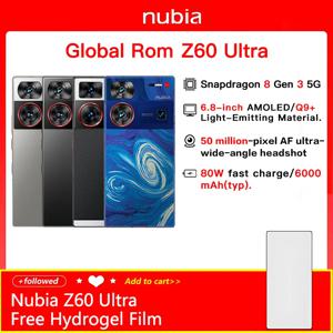 글로벌 롬 누비아 Z60 울트라 NX721J 스냅드래곤 8 세대 3 6.8 Q9 + IP68 6000mAh 배터리, 고속 충전 64MP NFC 누비아 5G 카메라 폰