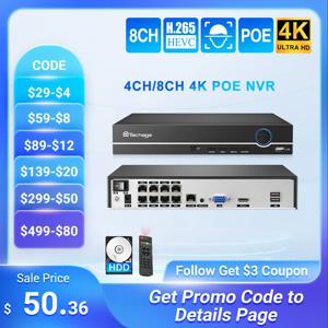 Techage-H.265 4K 8CH PoE NVR 2MP 3MP 5MP 네트워크 하드 디스크 비디오 레코더, PoE IP 카메라용 홈 보안 CCTV 감시 DVR