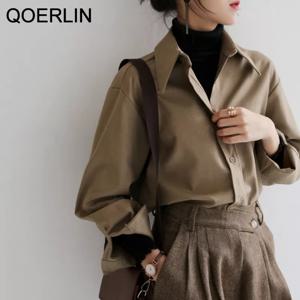 QOERLIN 여성용 커피 블라우스, 캐주얼 단색 긴팔 셔츠, 한국 스타일 루즈핏 셔츠, OL 스타일 작업복 S-XL, 봄 가을