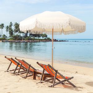 보호 해변 우산 프린지 UPF 50 + 파티오 태슬 파라솔 우드 폴 접이식 우산, 휴일 정원 잔디 수영장 마당 테이블