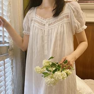 순수 코튼 빅토리아 나이트 드레스 여성 흰색 짧은 소매 긴 가운 Peignoir 로맨틱 빈티지 나이트 가운 공주 잠옷