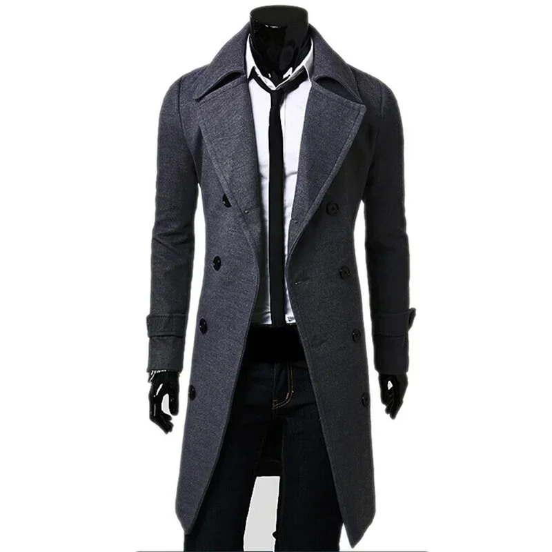 남성용 더블 브레스트 트렌치 코트, 울 혼방 2023, 단색 캐주얼 슬림 핏 롱 재킷, 패션 남성 의류, 가을 겨울