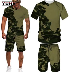 YUHA-2022 여름 위장 티셔츠/반바지/정장 남성용 티셔츠 반바지 운동복, 스포츠 스타일 야외 캠핑 사냥 캐주얼 남성