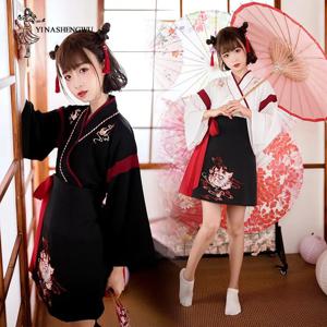 일본 여성 기모노 드레스, 블랙 화이트 고양이 자수 스커트, 빈티지 아시아 의류, 유카타 하오리 코스프레 파티 2 피스 세트