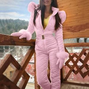 인조 모피 칼라 후드 여성 점프수트, 겨울 스키 점프수트, 야외 따뜻한 플리스 스키 점프수트, 여성 스키 스위트 겨울 코트