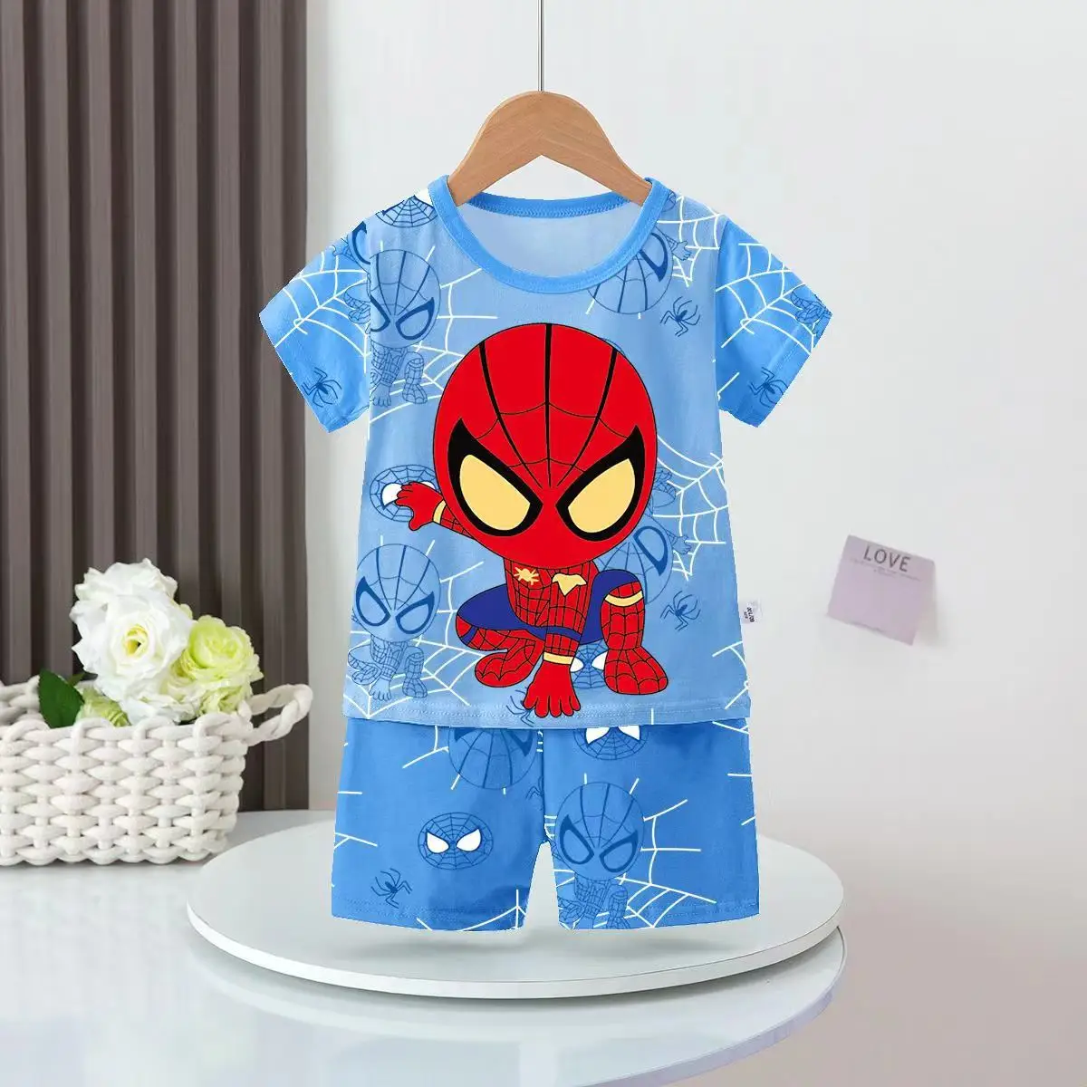 여름 어린이 잠옷 세트, 반팔 티셔츠 잠옷, 소년 스파이더맨 만화 잠옷